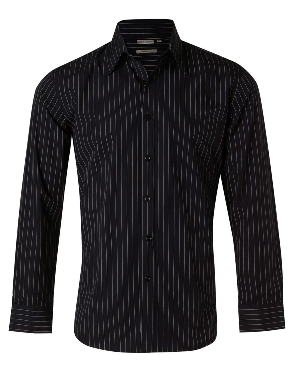 A men's long sleeve button-up shirt in black with white pinstripes, featuring a chest pocket and a logo.