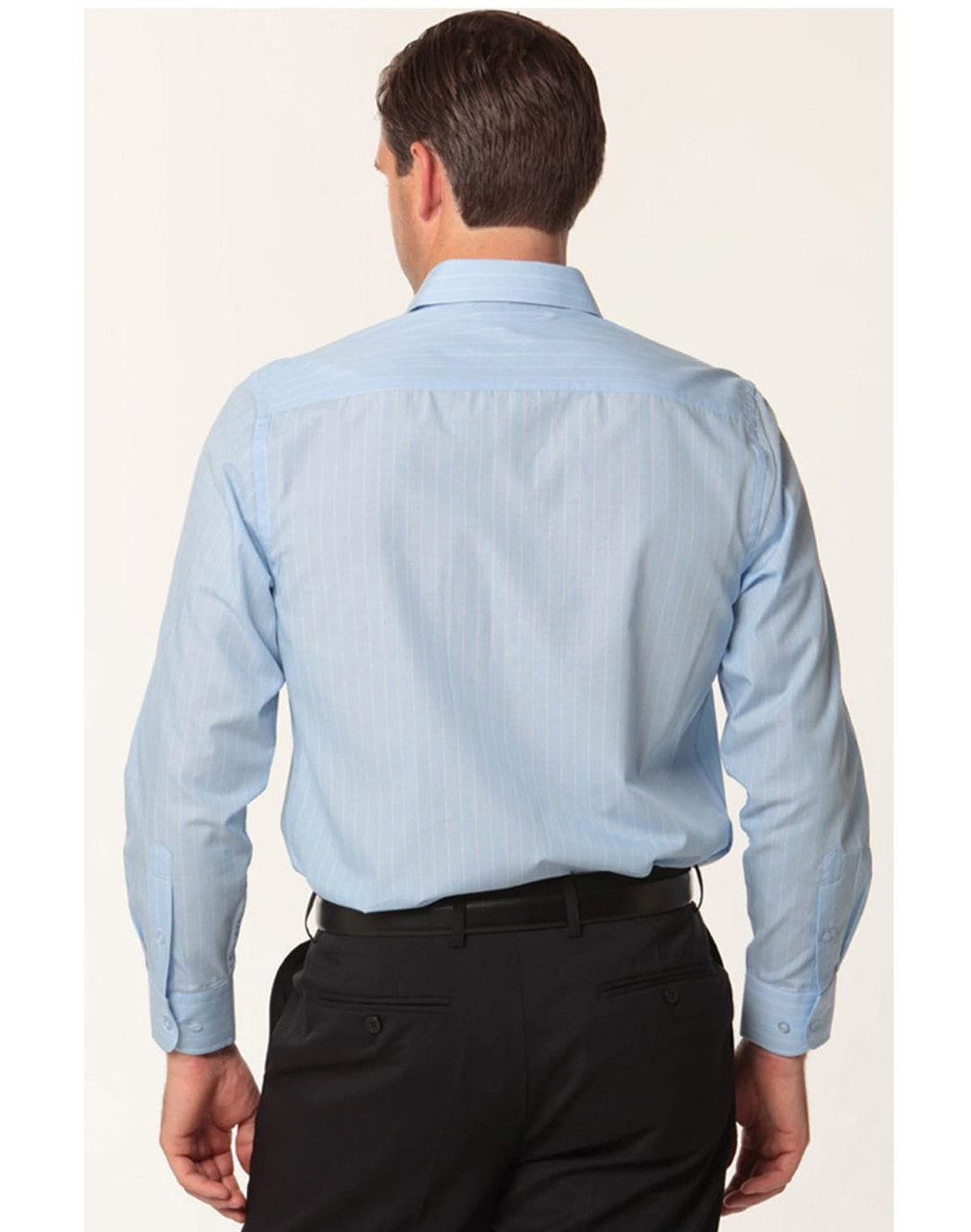 A men's long sleeve shirt in light blue with a pin stripe pattern, featuring a back view and a collar.