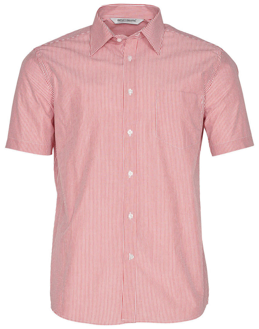 Men's short sleeve button-up shirt featuring white and red vertical stripes and a chest pocket.