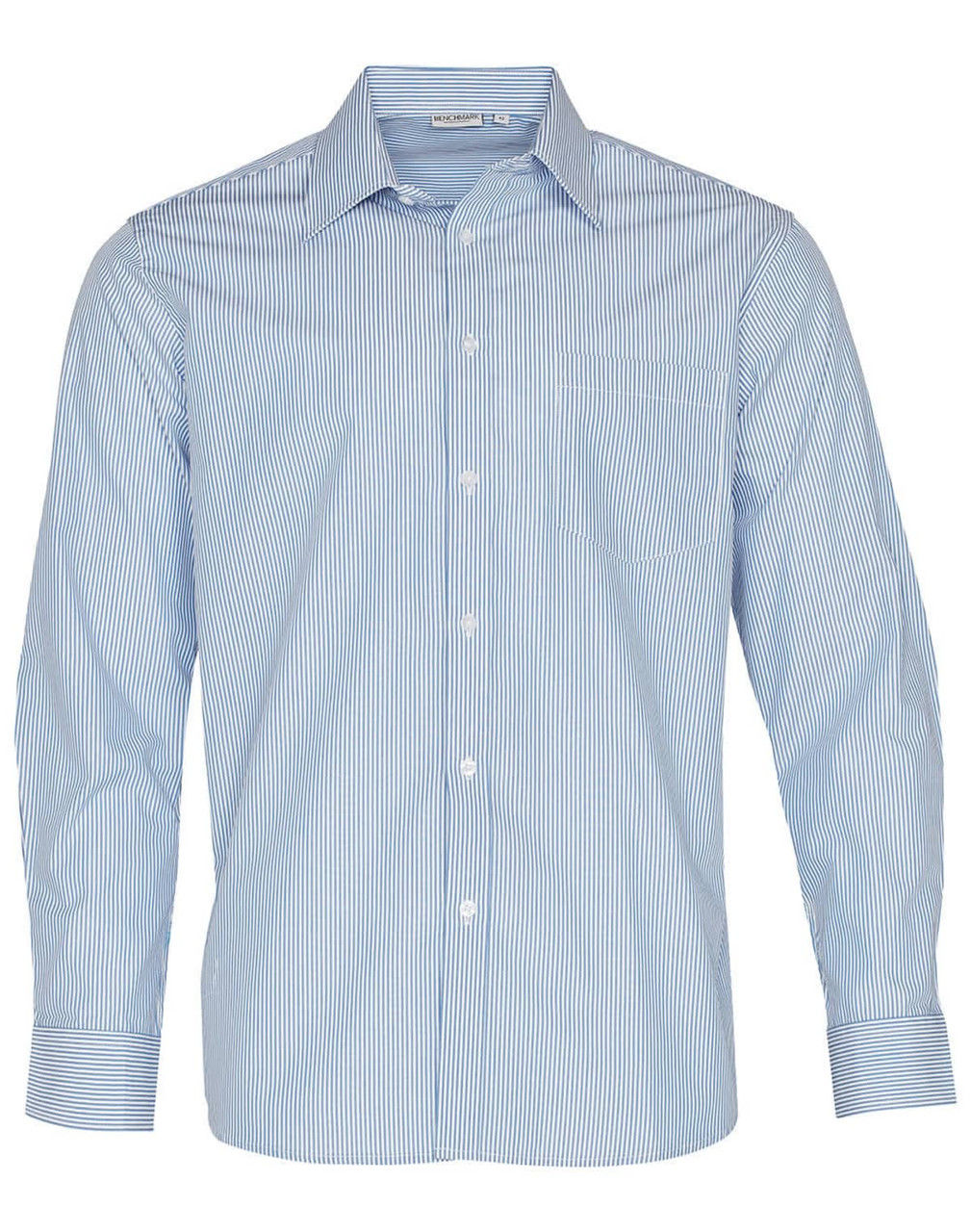 A light blue long sleeve button-up shirt featuring vertical stripes and a logo.