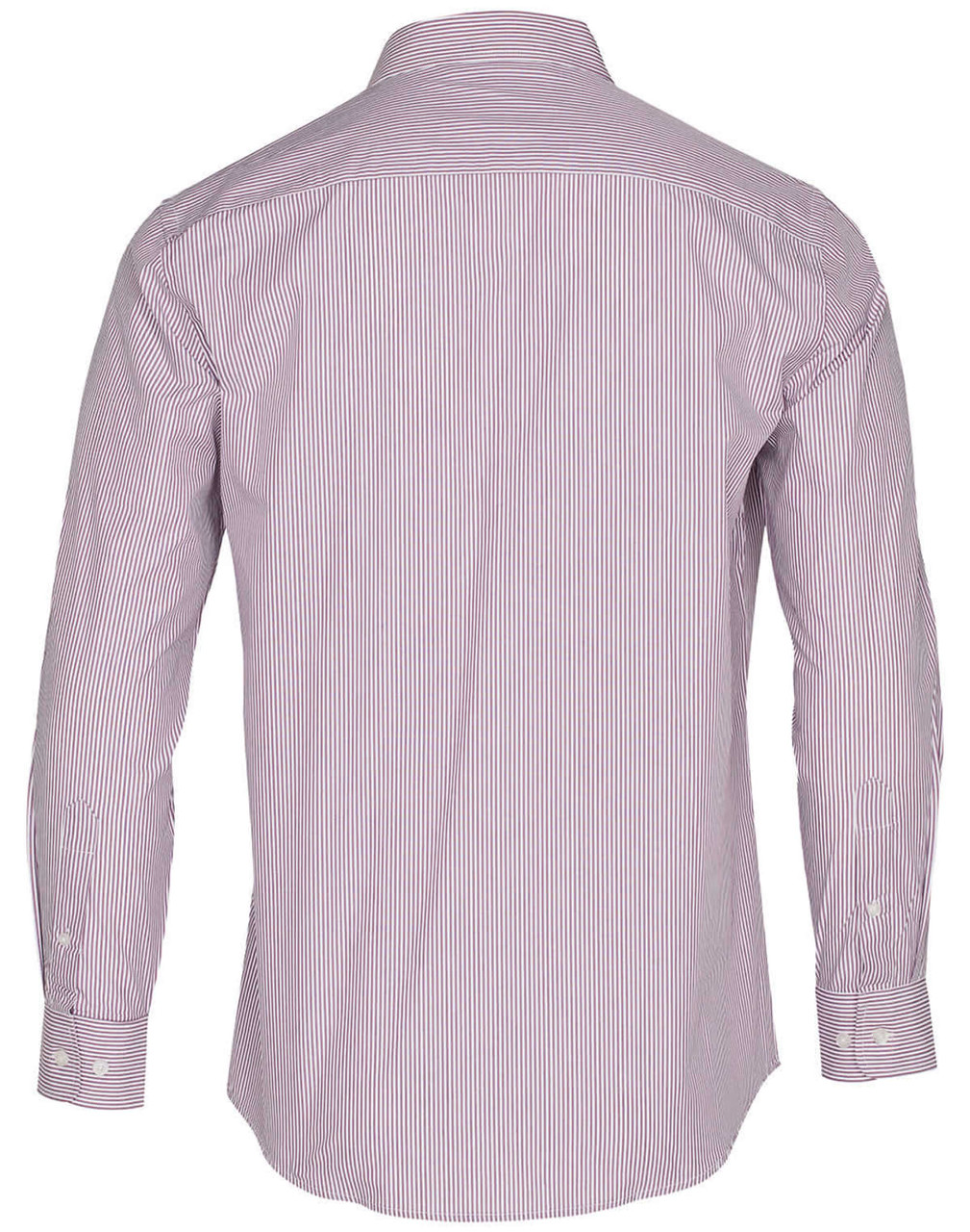 A long sleeve men's shirt in red and white stripes, featuring a classic button-up design and a collar.