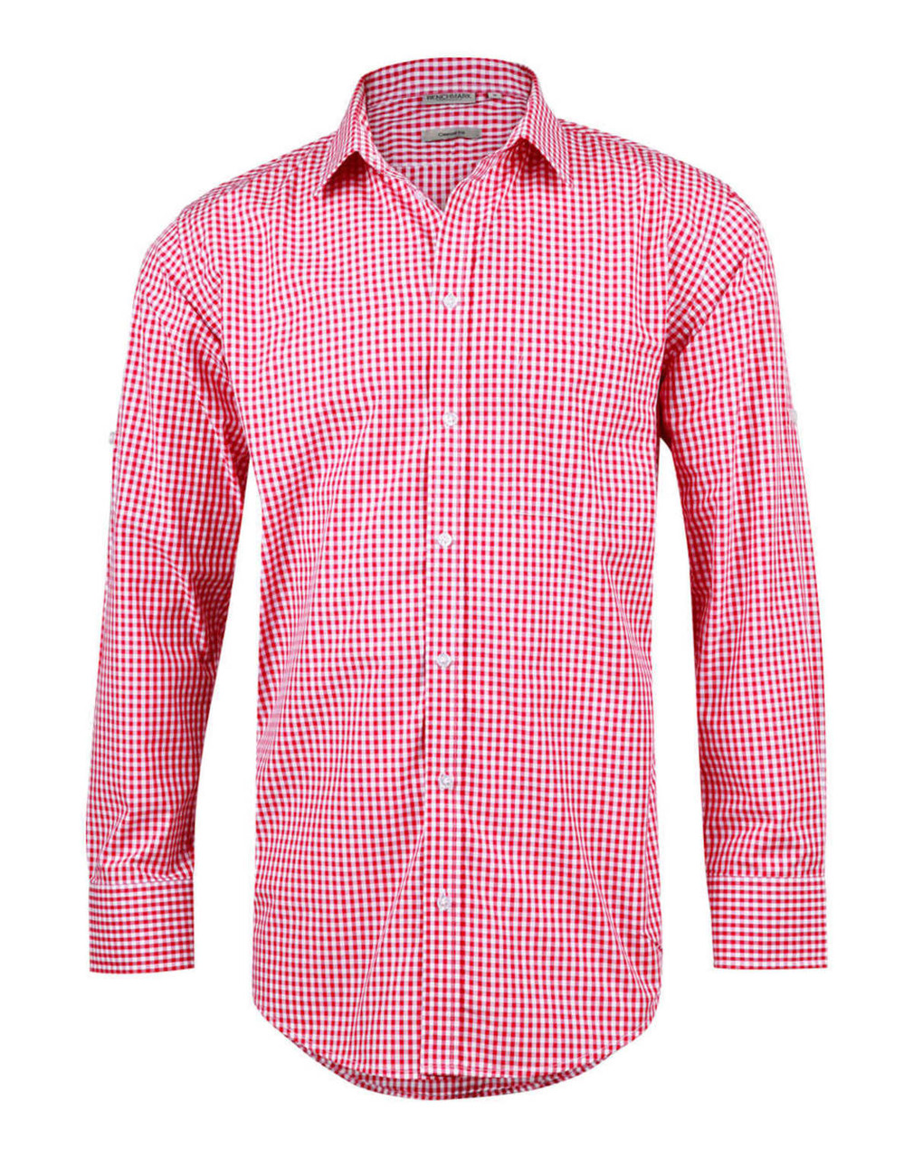 A men's long-sleeve button-up shirt in red and white gingham check pattern with roll-up sleeves. It features a branding logo.