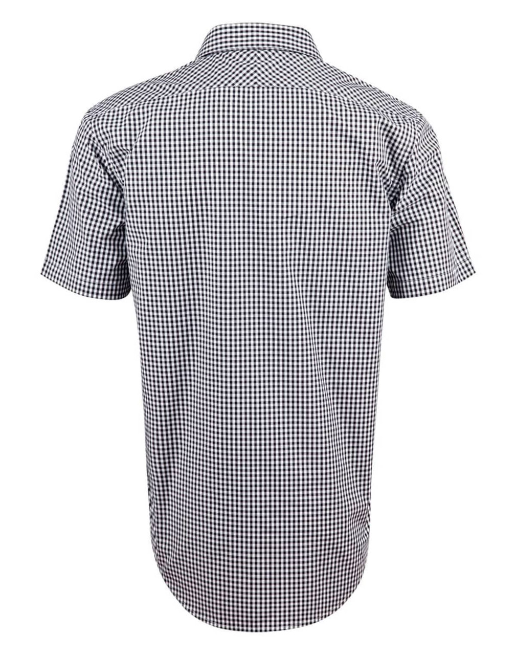 Men's short-sleeve shirt in a black and white gingham check pattern, featuring a collared neck and a logo.