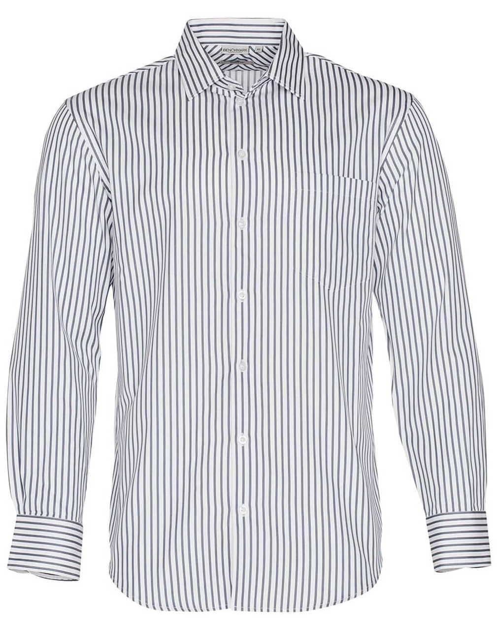 A long-sleeve button-up shirt with a sateen stripe pattern in white and navy blue, featuring a single chest pocket and collar.