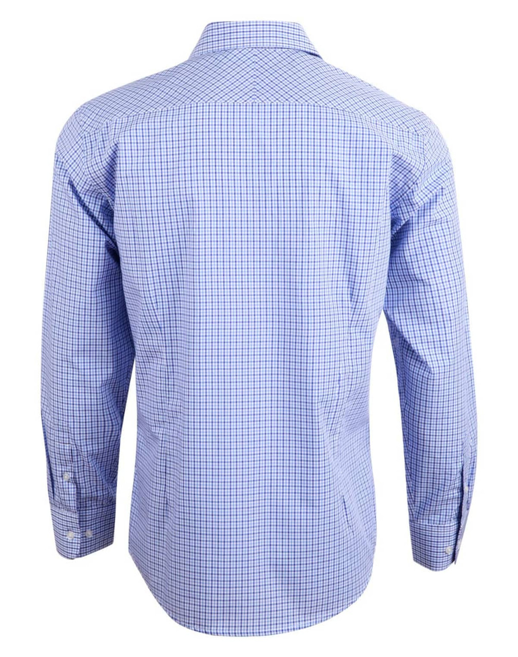A long-sleeve shirt featuring a two-tone blue check pattern, with a classic button-up design and a logo on the back.