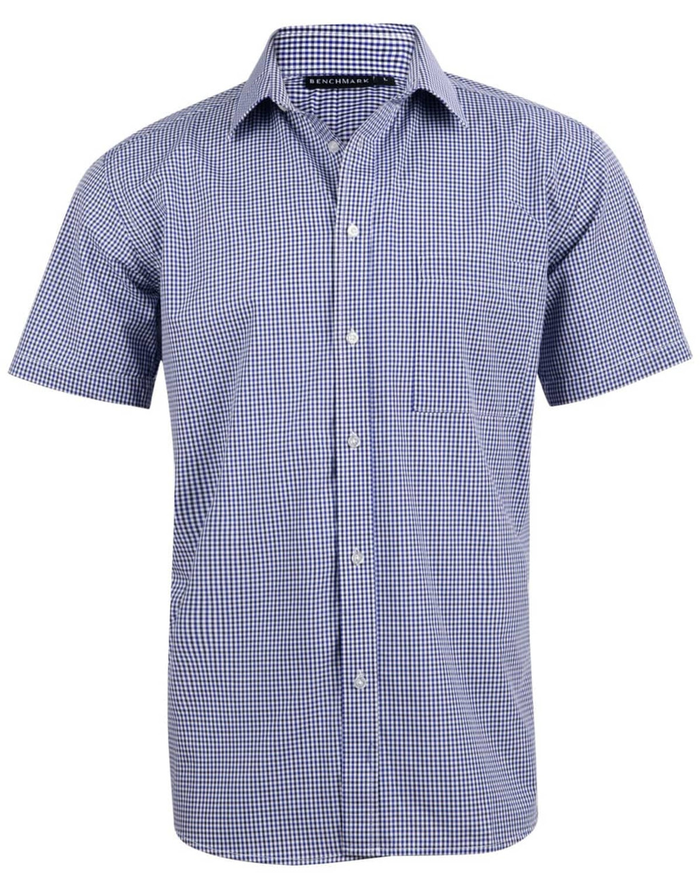 A short-sleeved, button-up shirt featuring a blue and white two-tone check pattern, with a pocket on the chest.