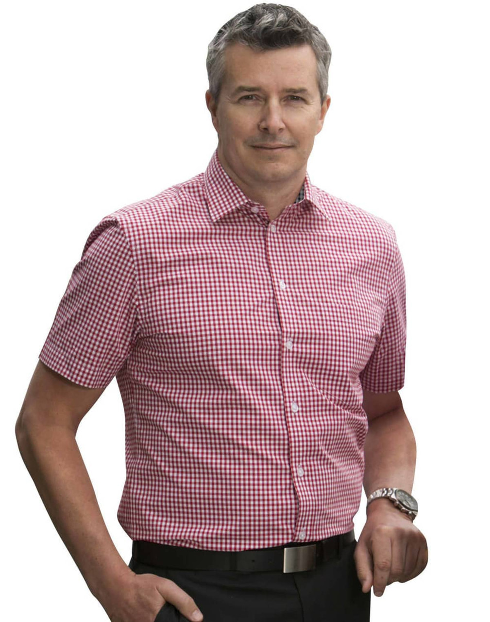 A short-sleeved men's button-up shirt in red and white gingham check, featuring a logo.