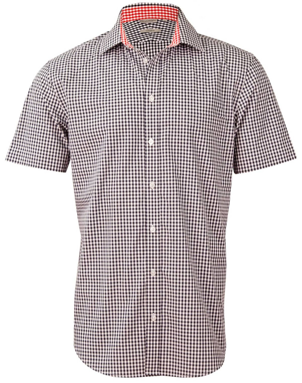 A short-sleeved men's button-up shirt featuring a black and white gingham check pattern with a red collar interior.