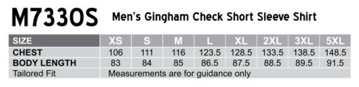 A size chart for a Men's Gingham Check Short Sleeve Shirt, detailing chest and body lengths in various sizes.
