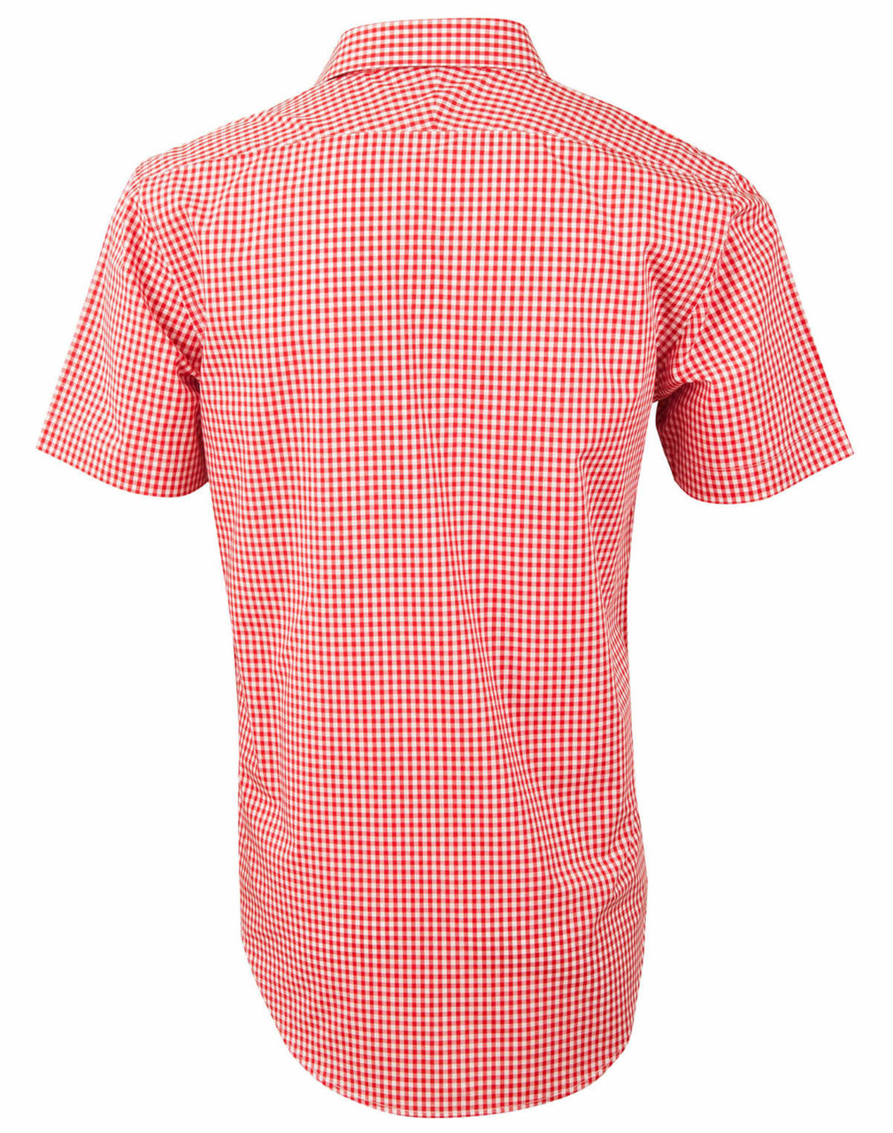 A short-sleeve men's button-up shirt in red and white gingham check pattern with a collar and logo.