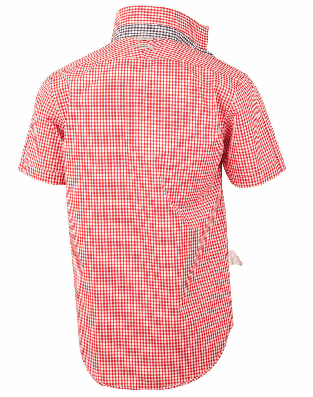 A short-sleeved men's button-up shirt in red and white gingham check pattern, featuring a collar and a logo.