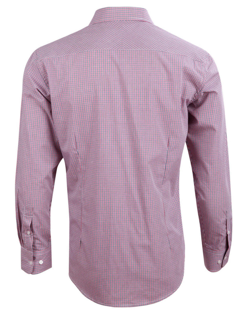A men's long-sleeve shirt in a two-tone mini check pattern, featuring shades of red and white with a logo.