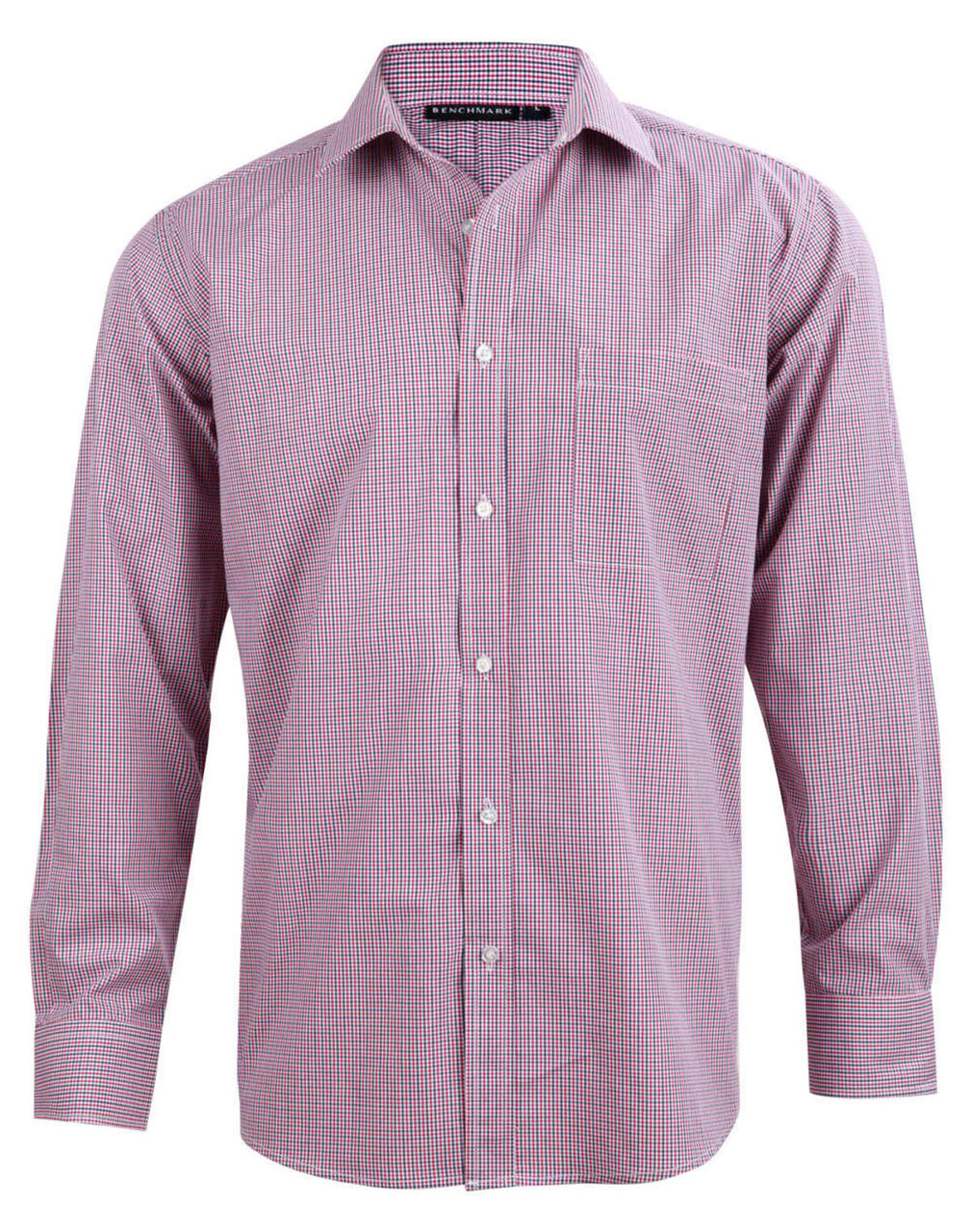 Men's two-tone mini check long-sleeve shirt in red and white with a button-up front and pocket detail.