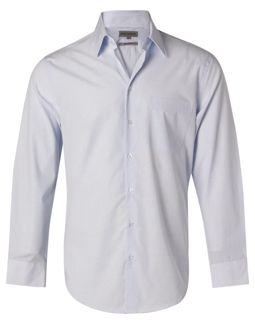A light blue long-sleeve button-up shirt with a single chest pocket and a branded label.