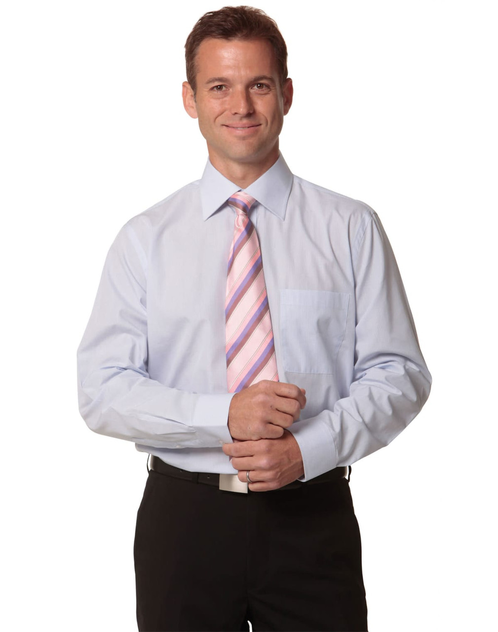 A light blue long-sleeve button-up shirt with a chest pocket, paired with a pink striped tie. Features a logo on the shirt.