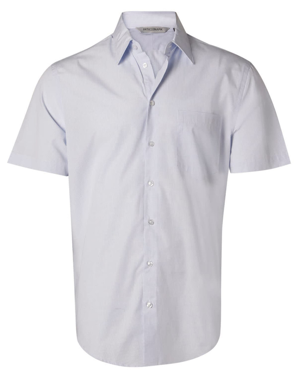 A light blue short-sleeve button-up shirt with a pocket and a logo on the collar.