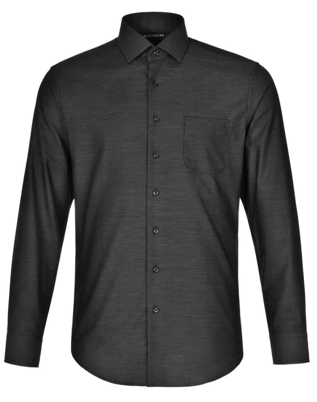 A black men's long-sleeve button-up shirt with a pin dot pattern and a chest pocket. It features a logo on the label.