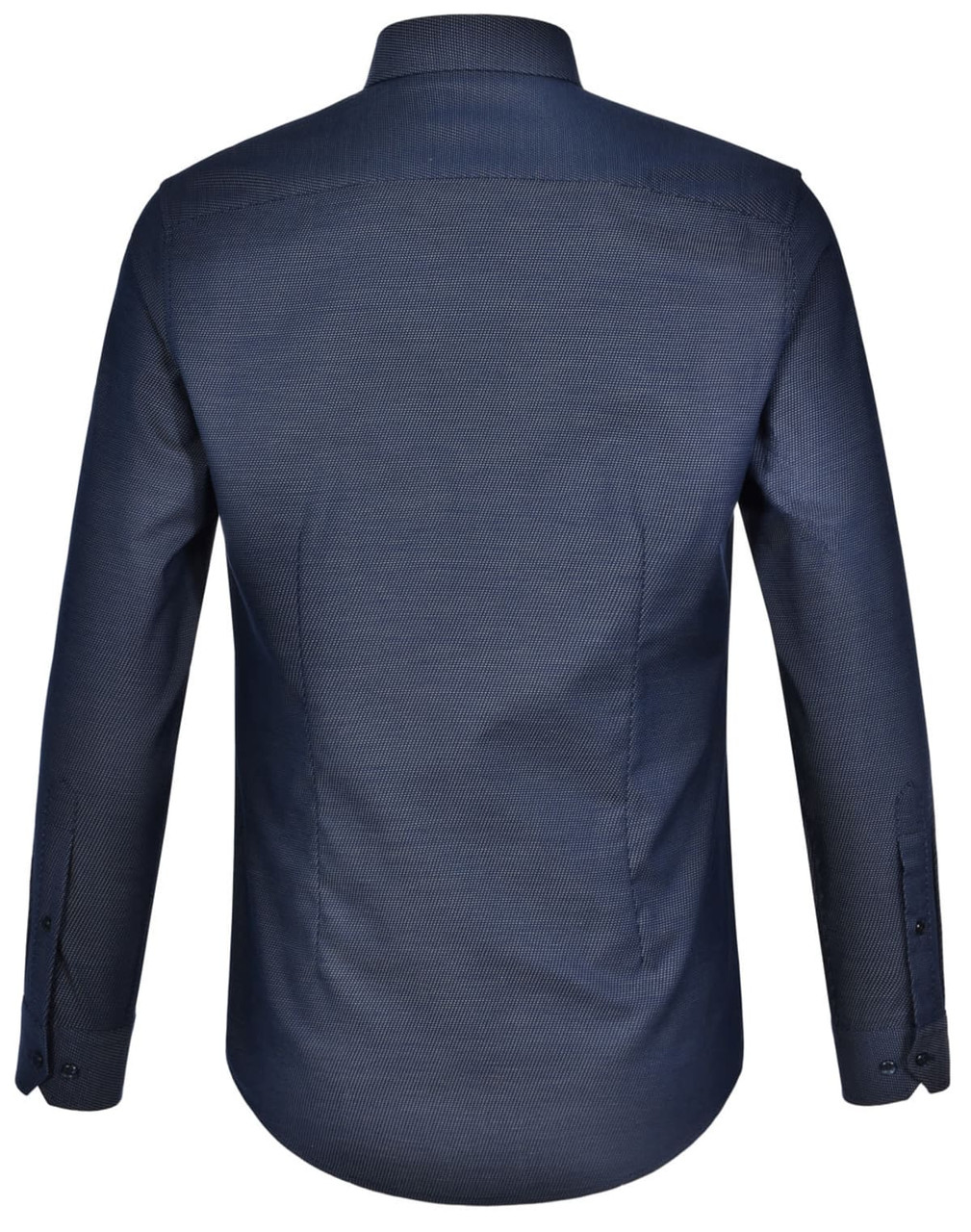 A navy blue men's long-sleeve button-up shirt with a pin dot pattern and a logo.
