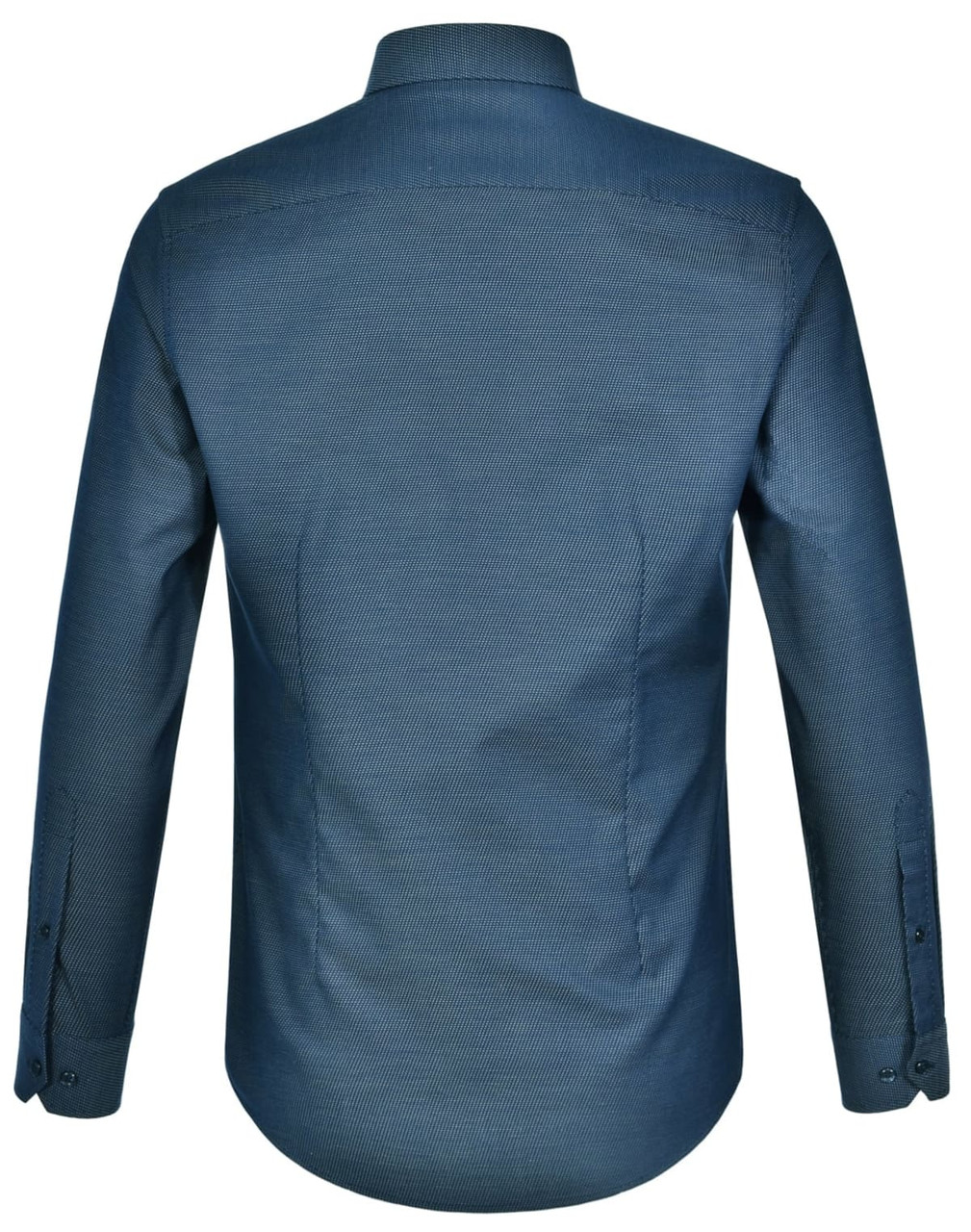 A blue men's long-sleeve button-up shirt featuring a pin dot design and a logo on the back.