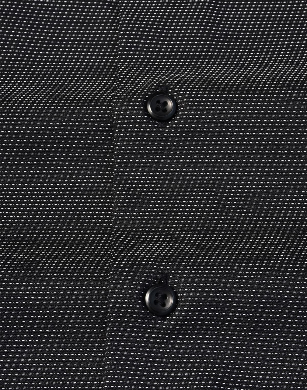 A black button-up shirt featuring a pin dot pattern and two buttons visible on the front. It has a logo.