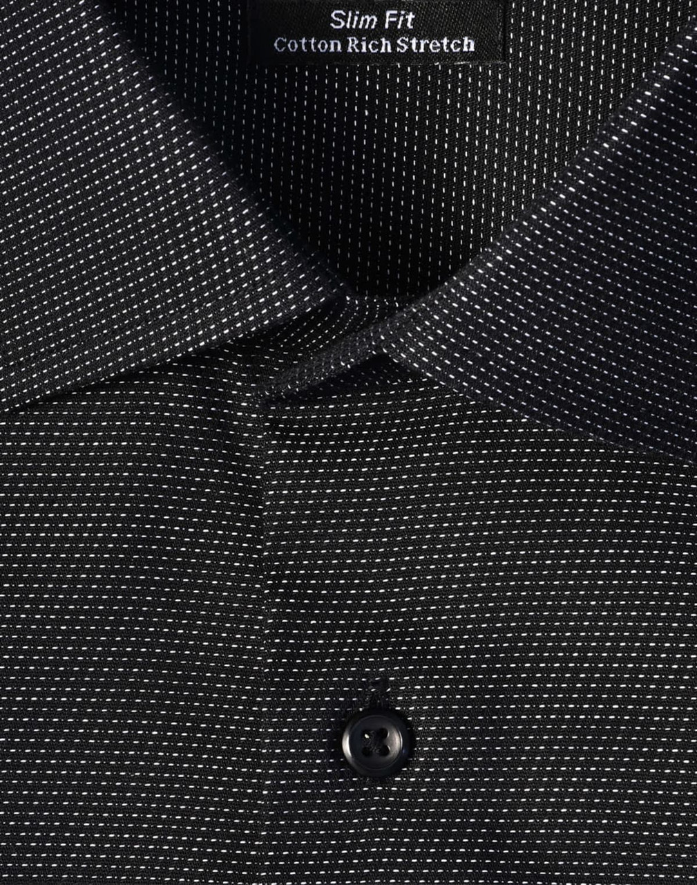 A black slim fit button-up shirt with a pin dot pattern and a collar, featuring a logo tag inside.