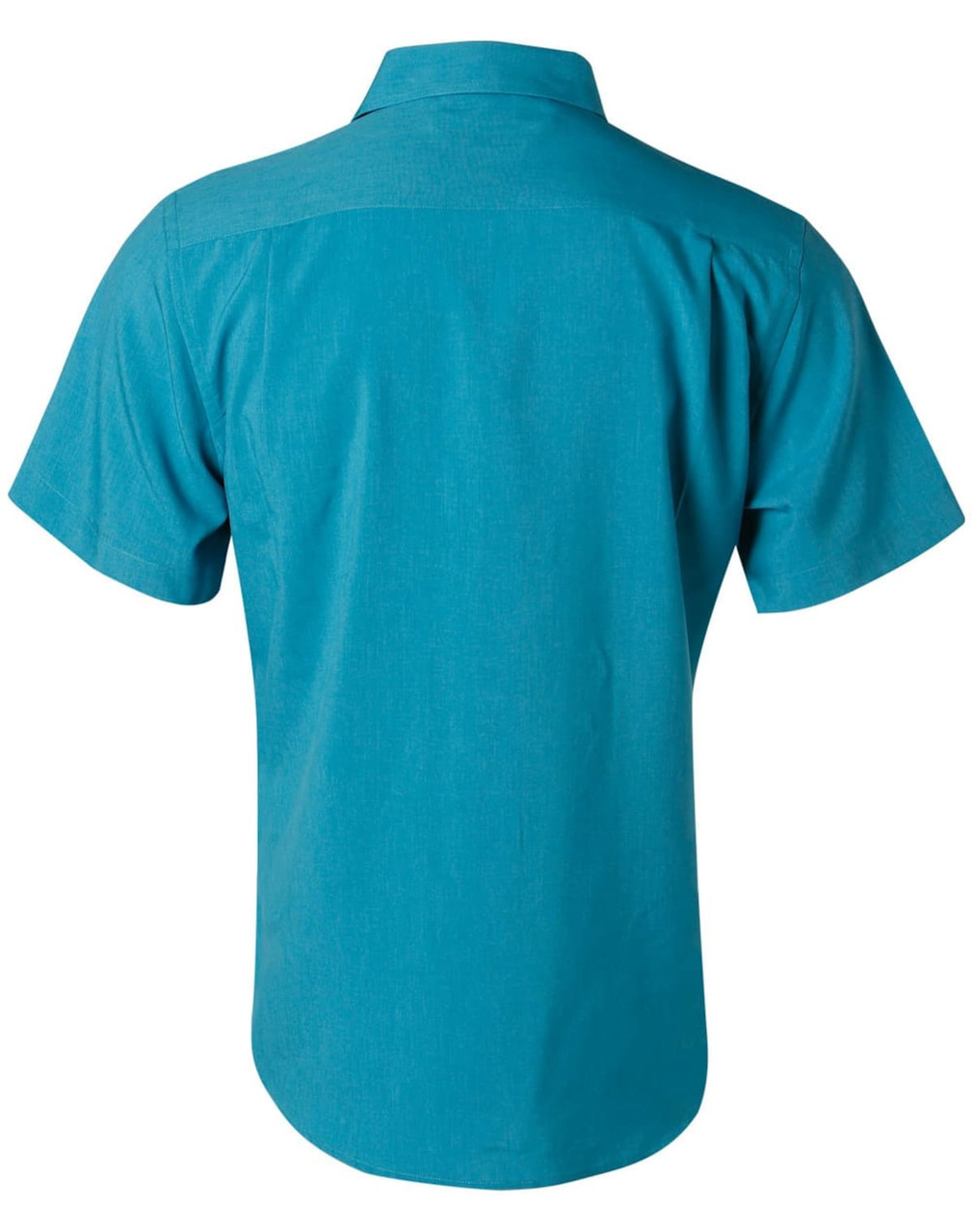 A teal short sleeve shirt with a collar and a logo on the back. The fabric appears lightweight and breathable.