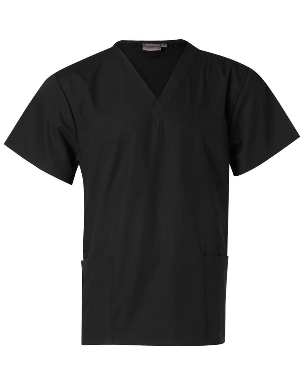 A black unisex short sleeve tunic top with a V-neck and two front pockets. It features a logo on the label.