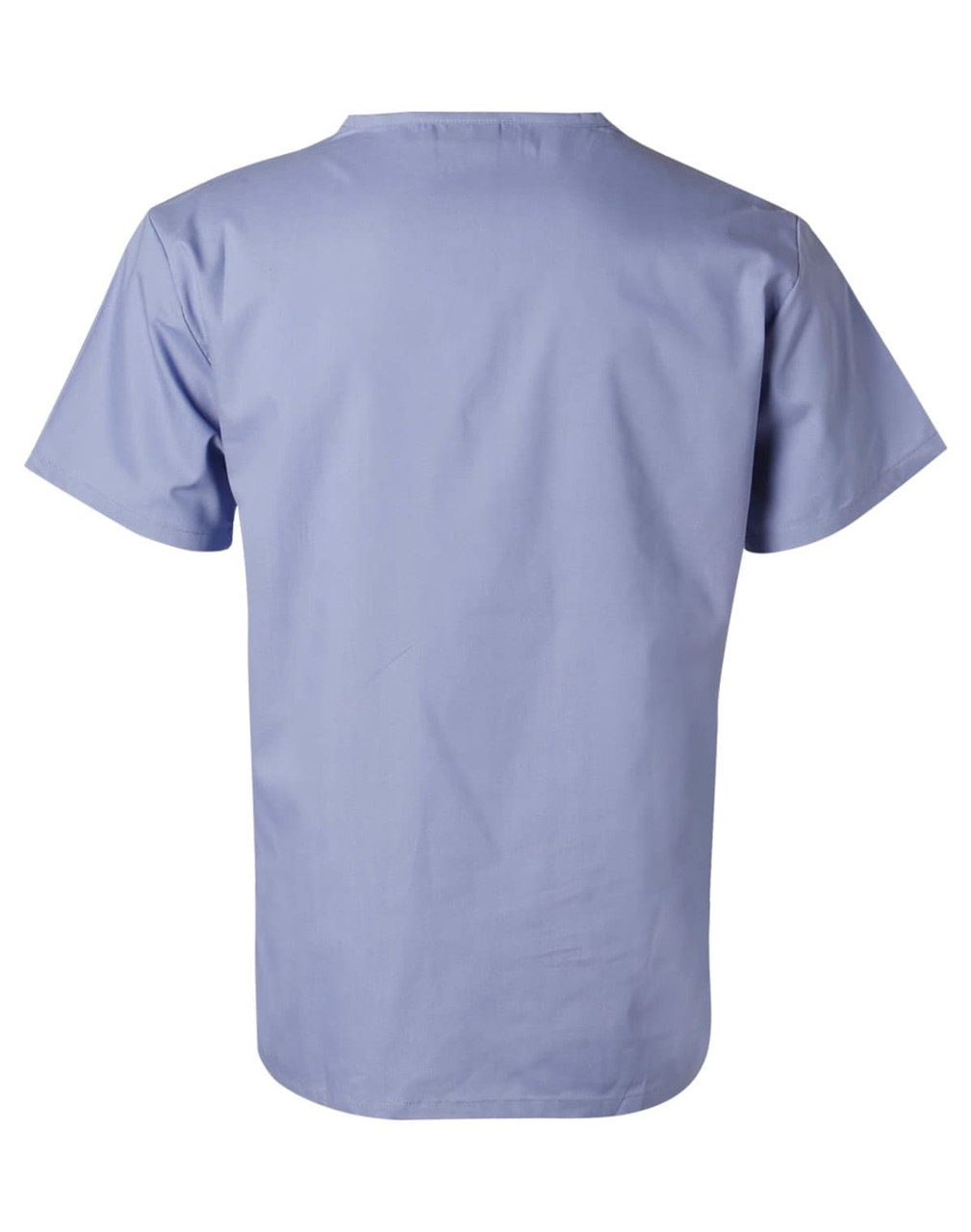 Short sleeve tunic top in light blue, featuring a simple design and a branding logo on the back.