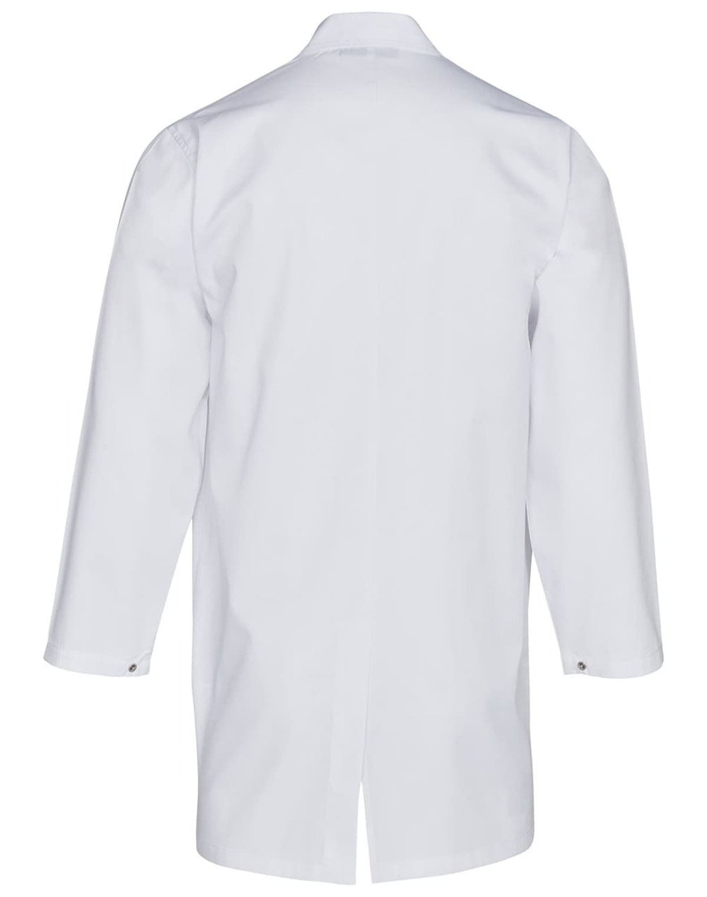 A white unisex long sleeve lab coat with a back view, featuring buttons at the cuffs and a simple design.
