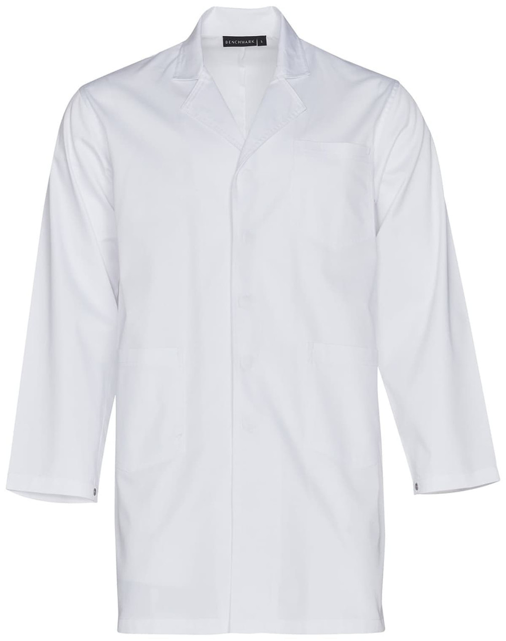 A white unisex long sleeve lab coat featuring a pocket and a logo on the collar.