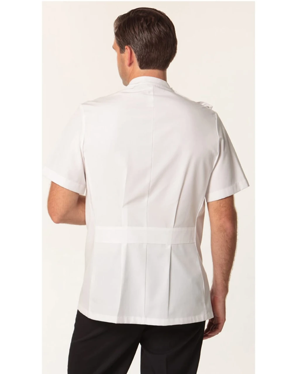 A men's short sleeve jacket in white, featuring a stud front design and a back pleat, includes a logo.