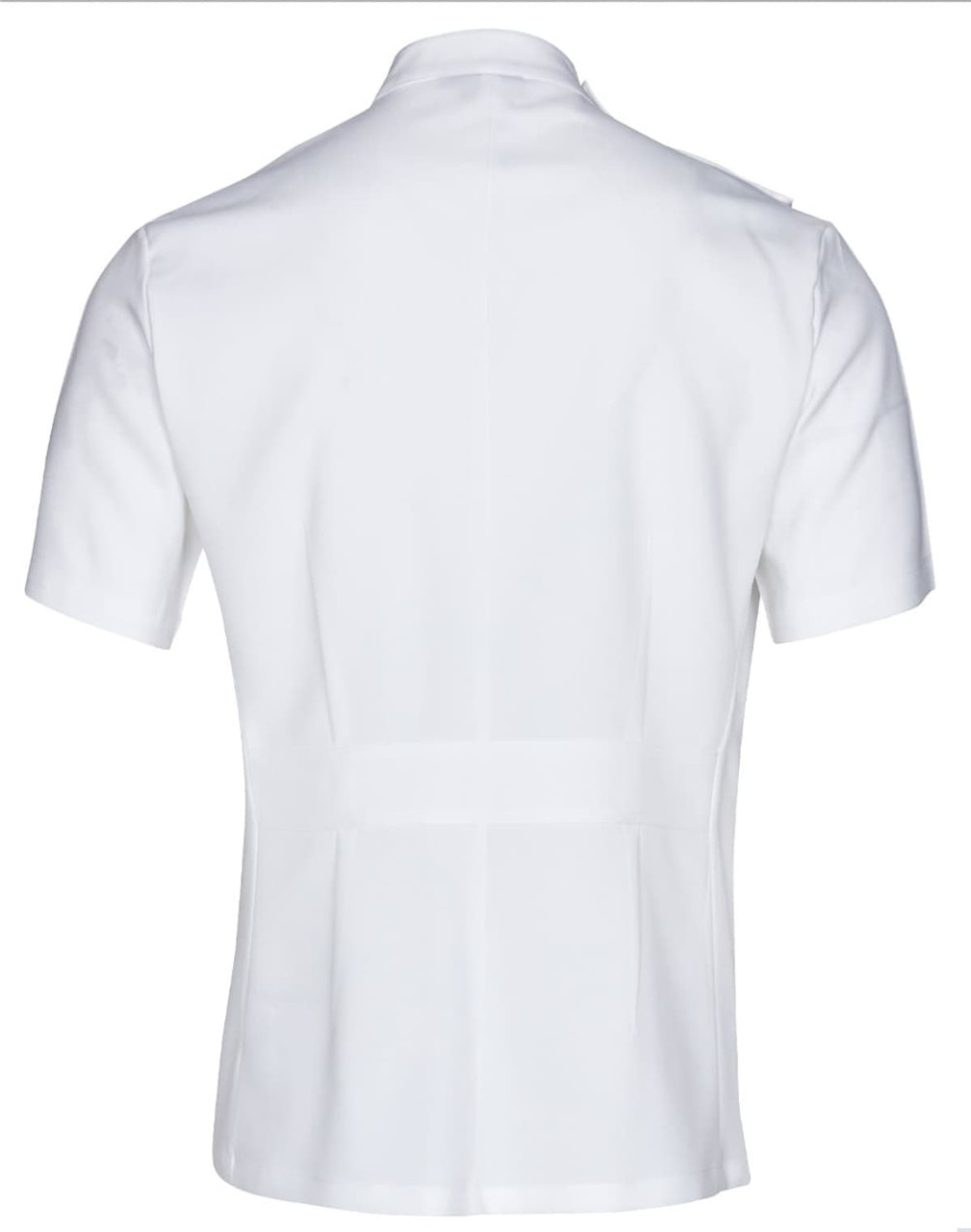 A white short sleeve jacket with a stud front design, featuring a sleek, tailored look and no visible logos.