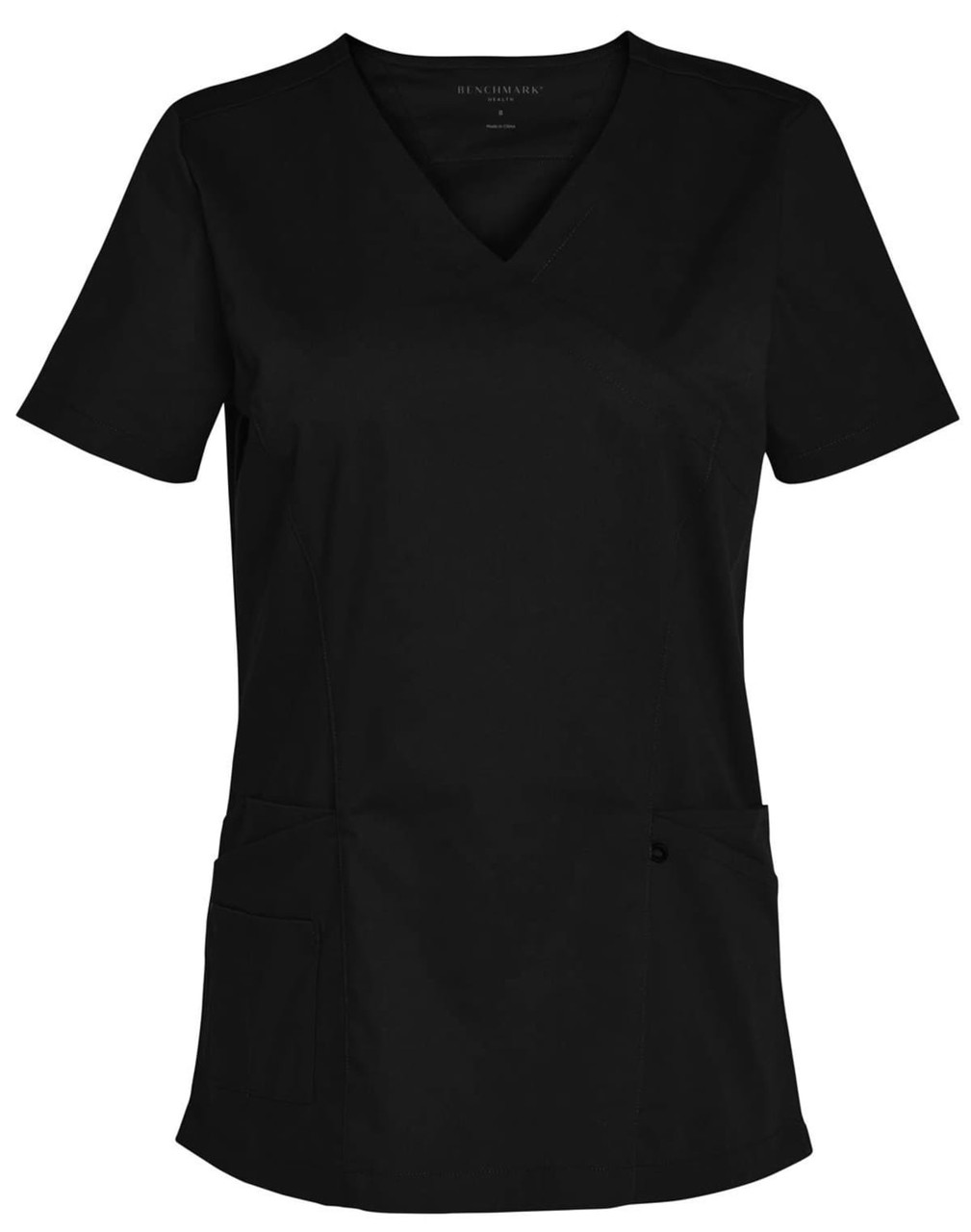 A black solid colour short-sleeve scrub top with a V-neck and two front pockets, featuring a logo.