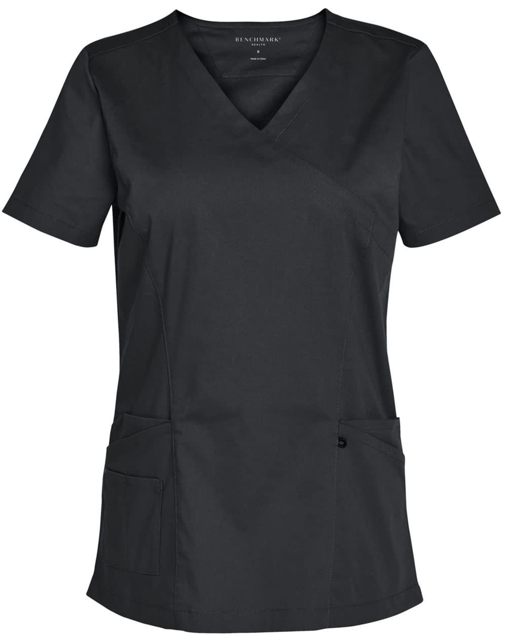A dark green ladies' short sleeve scrub top with a V-neck and two front pockets. It features a logo.