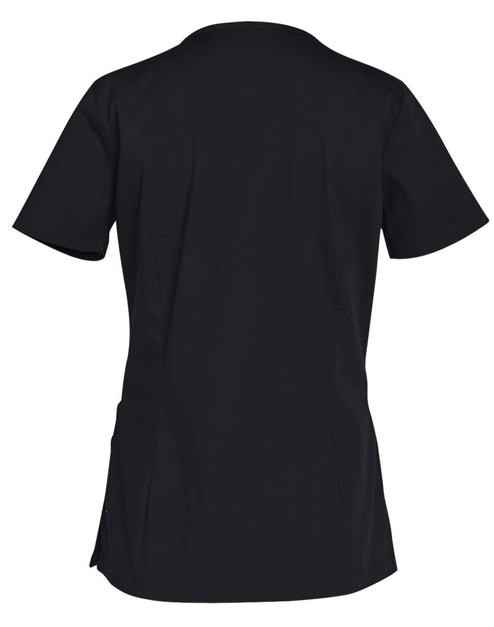 A black ladies' short sleeve scrub top with a simple, solid design and a logo at the back.