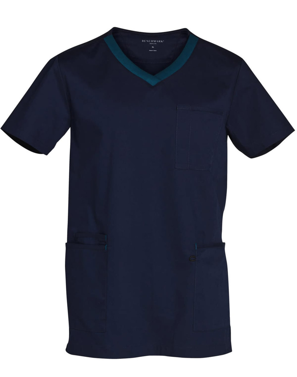Men's scrub top in navy blue with contrast colour detailing and a pocket at the front. Features a logo.