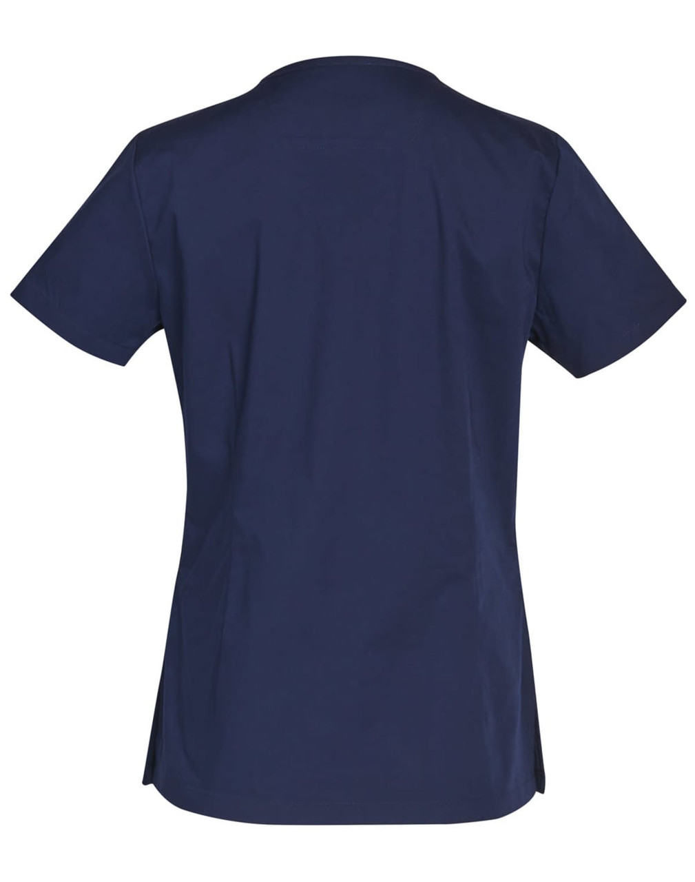 A navy women's scrub top with short sleeves and a fitted design, featuring contrast colour accents.