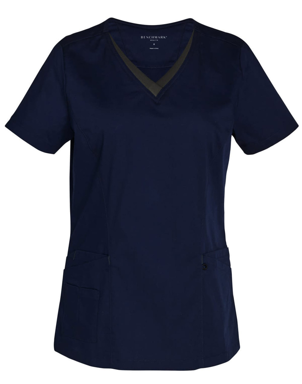 A navy blue ladies' scrub top featuring a contrast colour neckline and pockets, with a logo on the label.