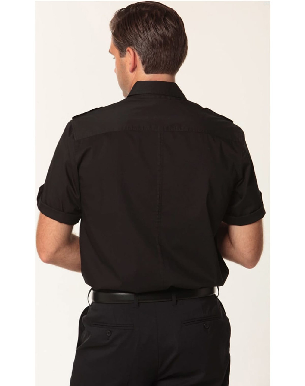 A men's short sleeve military shirt in black, featuring a button-up design and rolled sleeves. It has a logo.