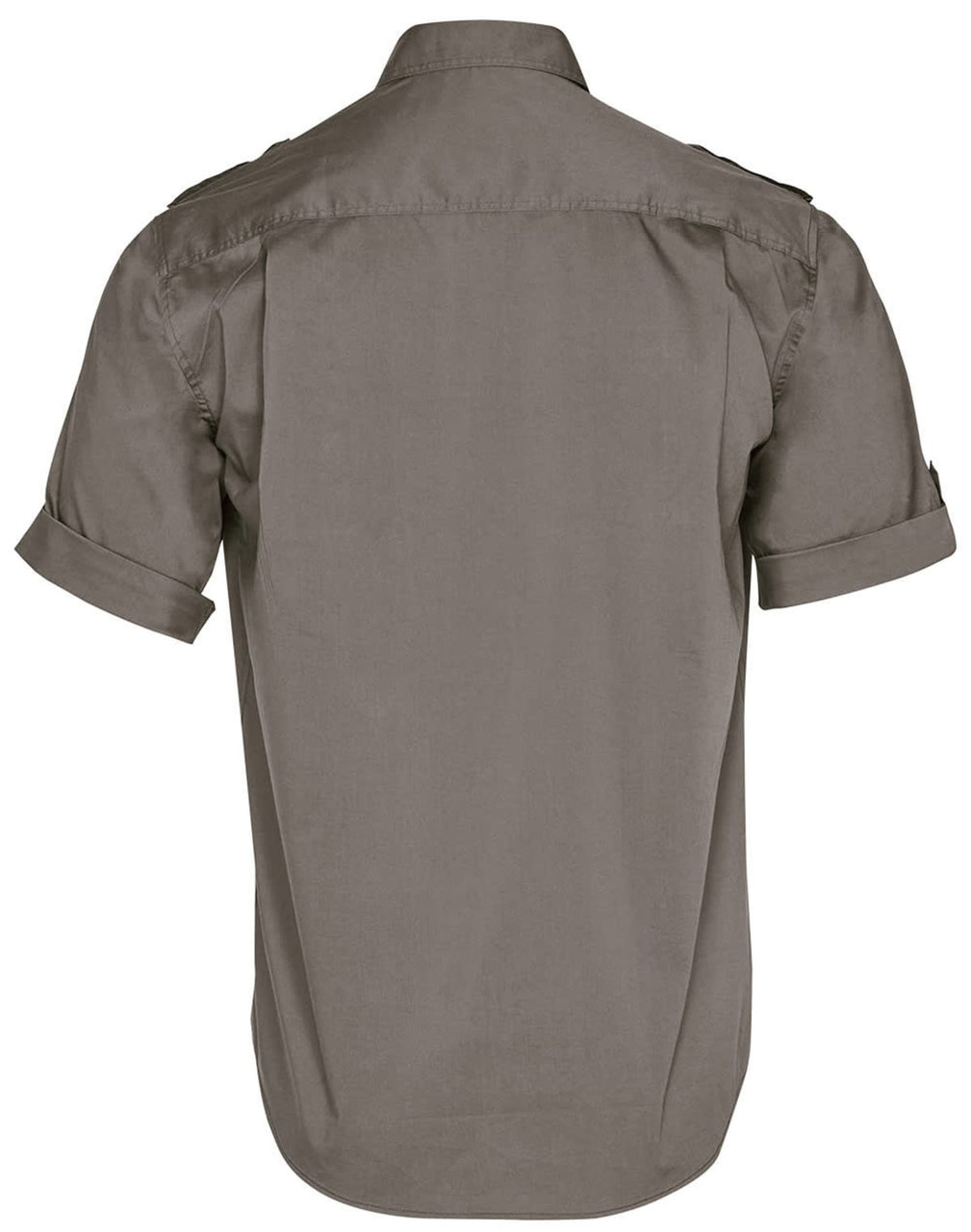 A men's short sleeve military shirt in a plain olive green colour, featuring rolled sleeves and a branding logo.