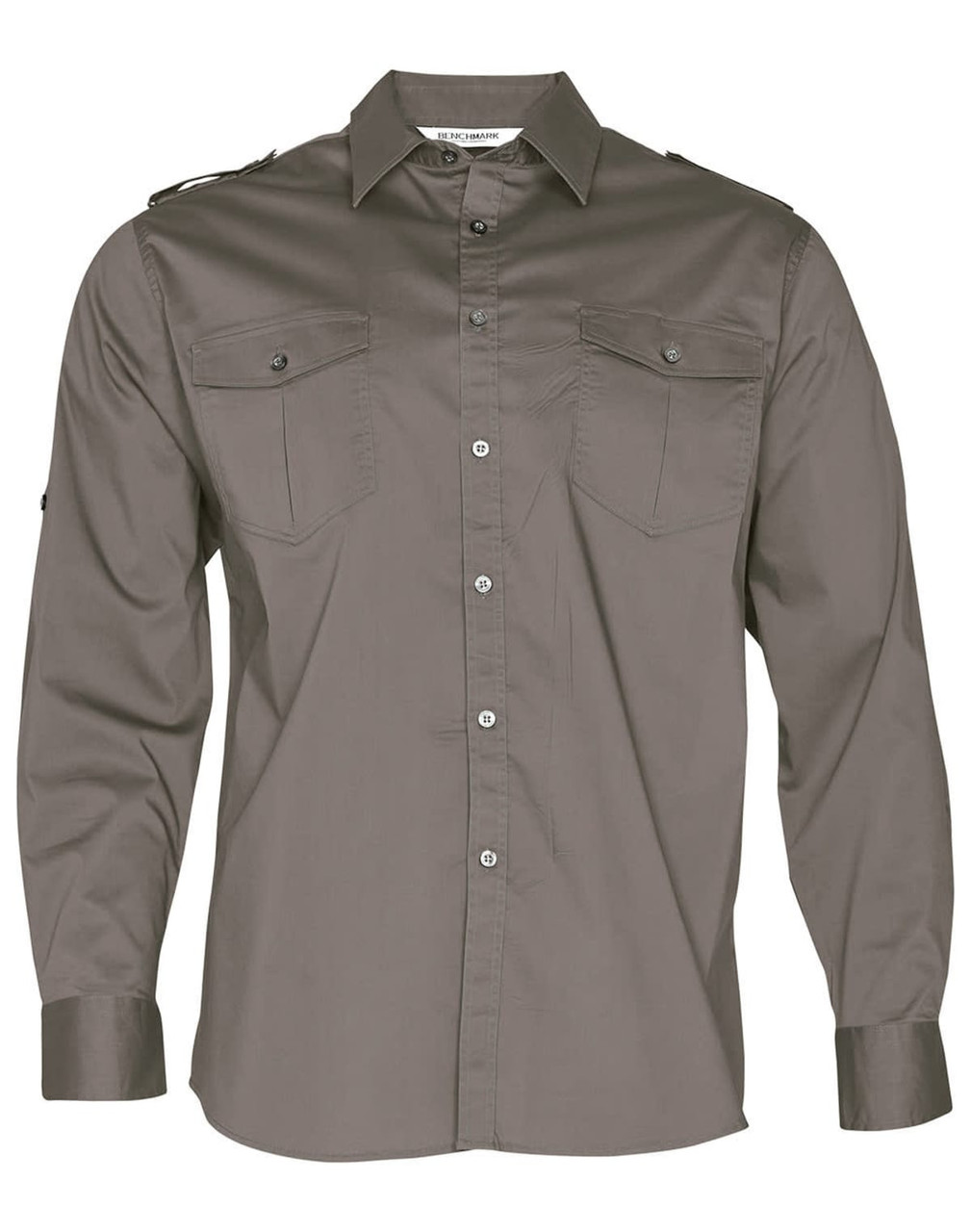 A men's long sleeve military shirt in olive green with button-up front and two chest pockets. Features a logo.