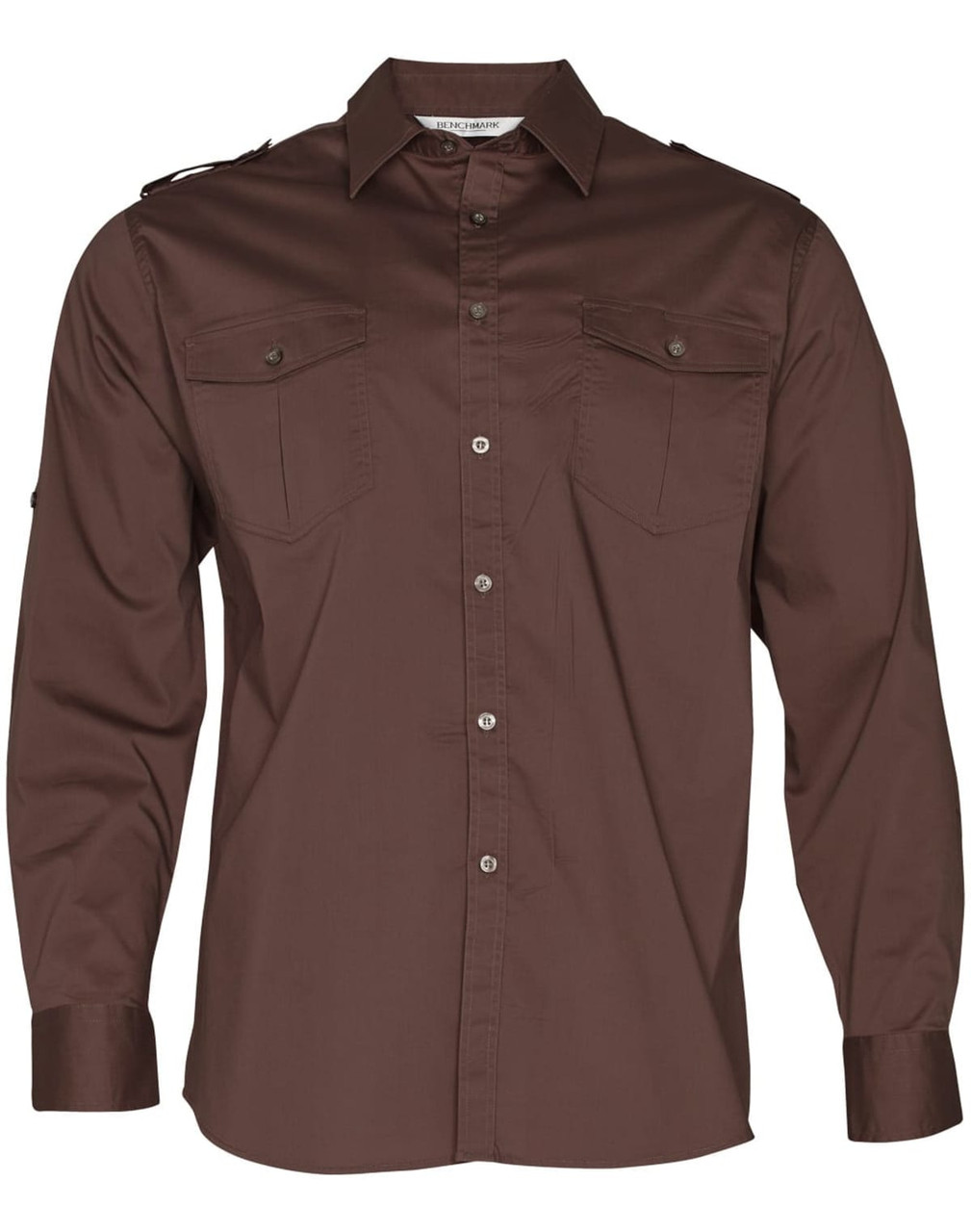A brown long sleeve military shirt with button-up front, two chest pockets, and shoulder epaulettes. It features a logo.