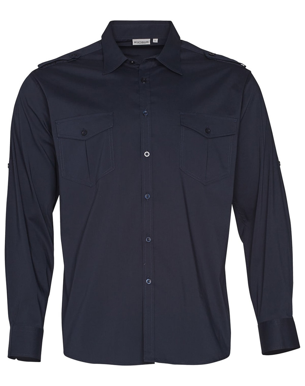 A navy blue long sleeve military-style shirt featuring two chest pockets and shoulder details. It includes a logo.