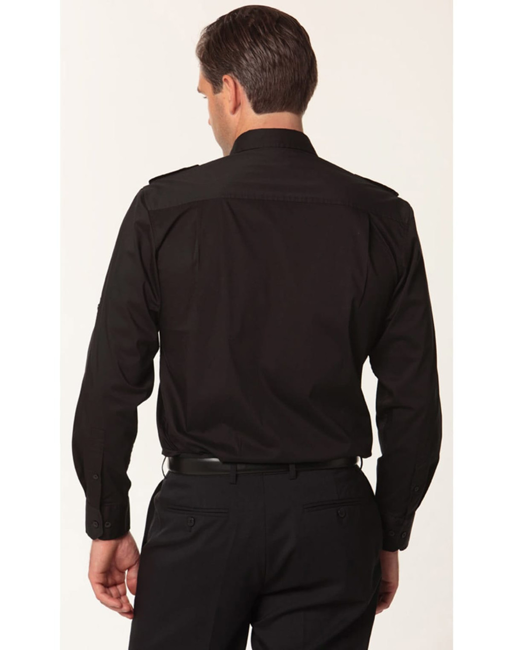 A black long sleeve military shirt featuring a button-up design and epaulettes on the shoulders.
