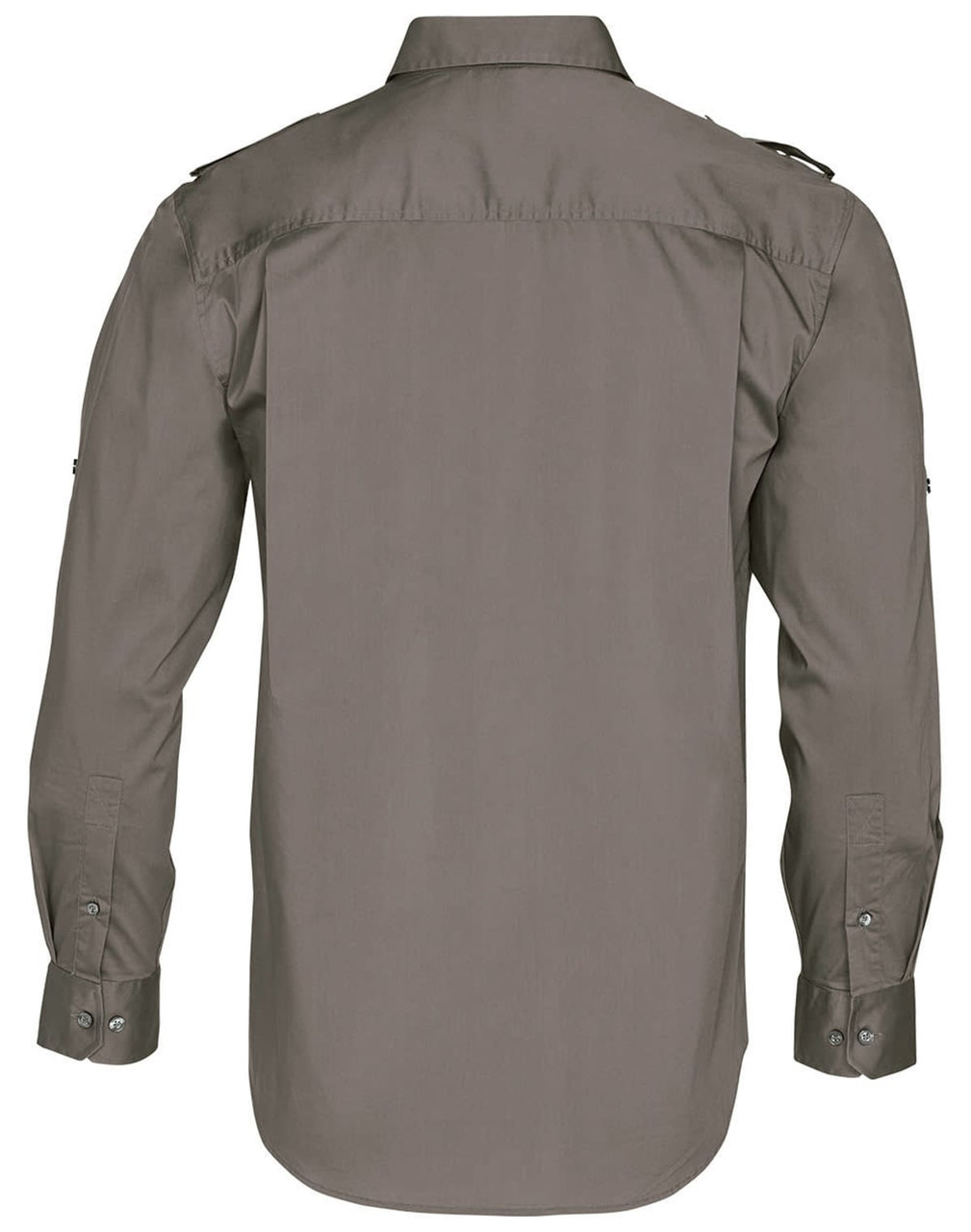 A men's long sleeve military shirt in khaki green, featuring button-up details and shoulder epaulettes.