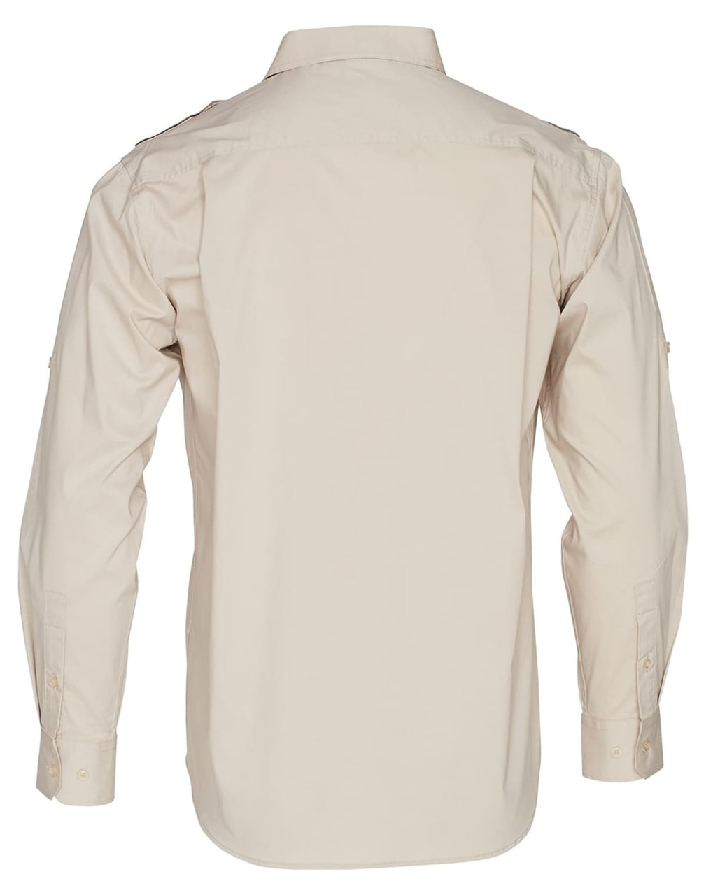 A long sleeve military-style shirt in beige, featuring a button-up front and shoulder epaulets. Includes a logo.