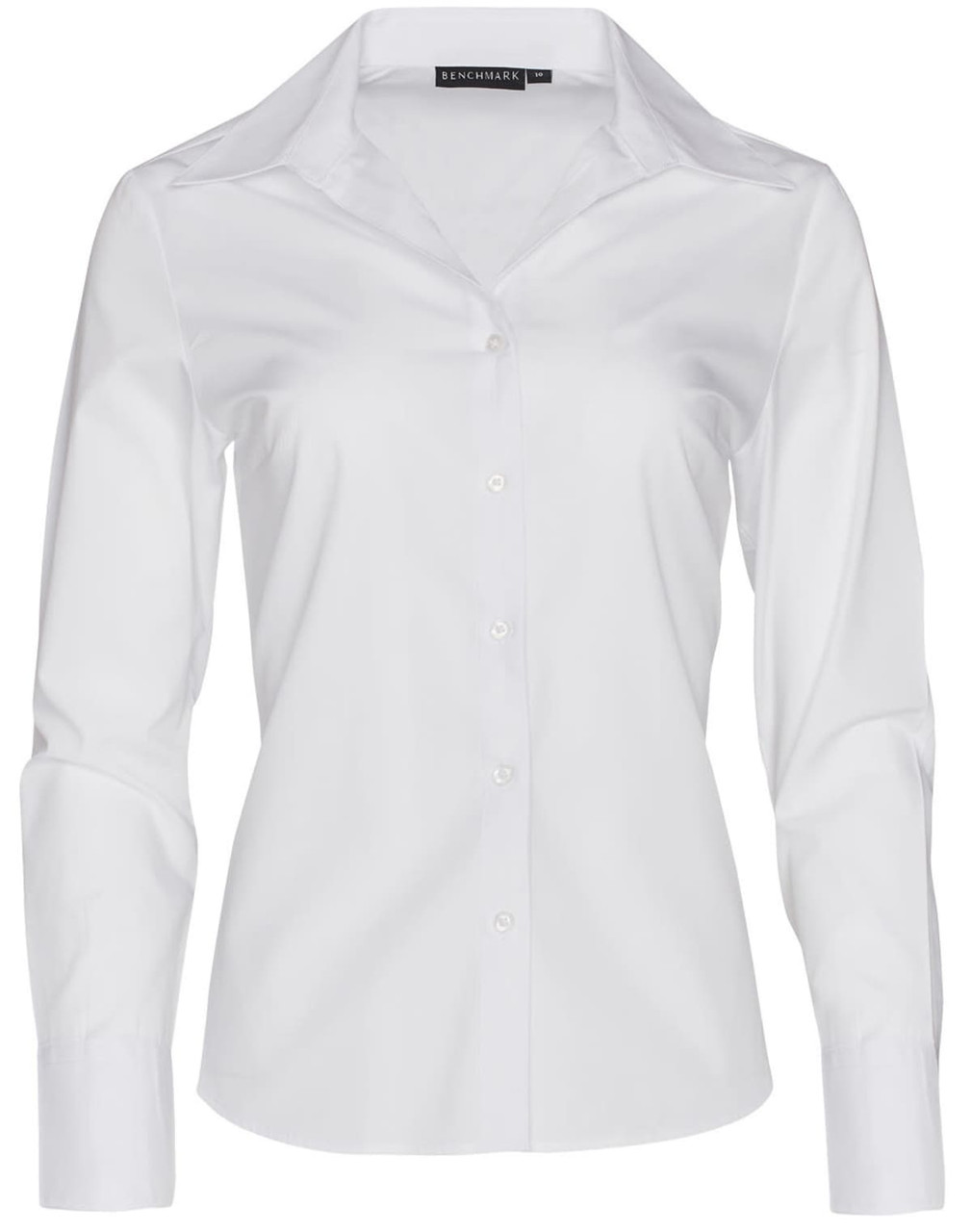 A white long sleeve button-up shirt with a collar, featuring a logo on the label.