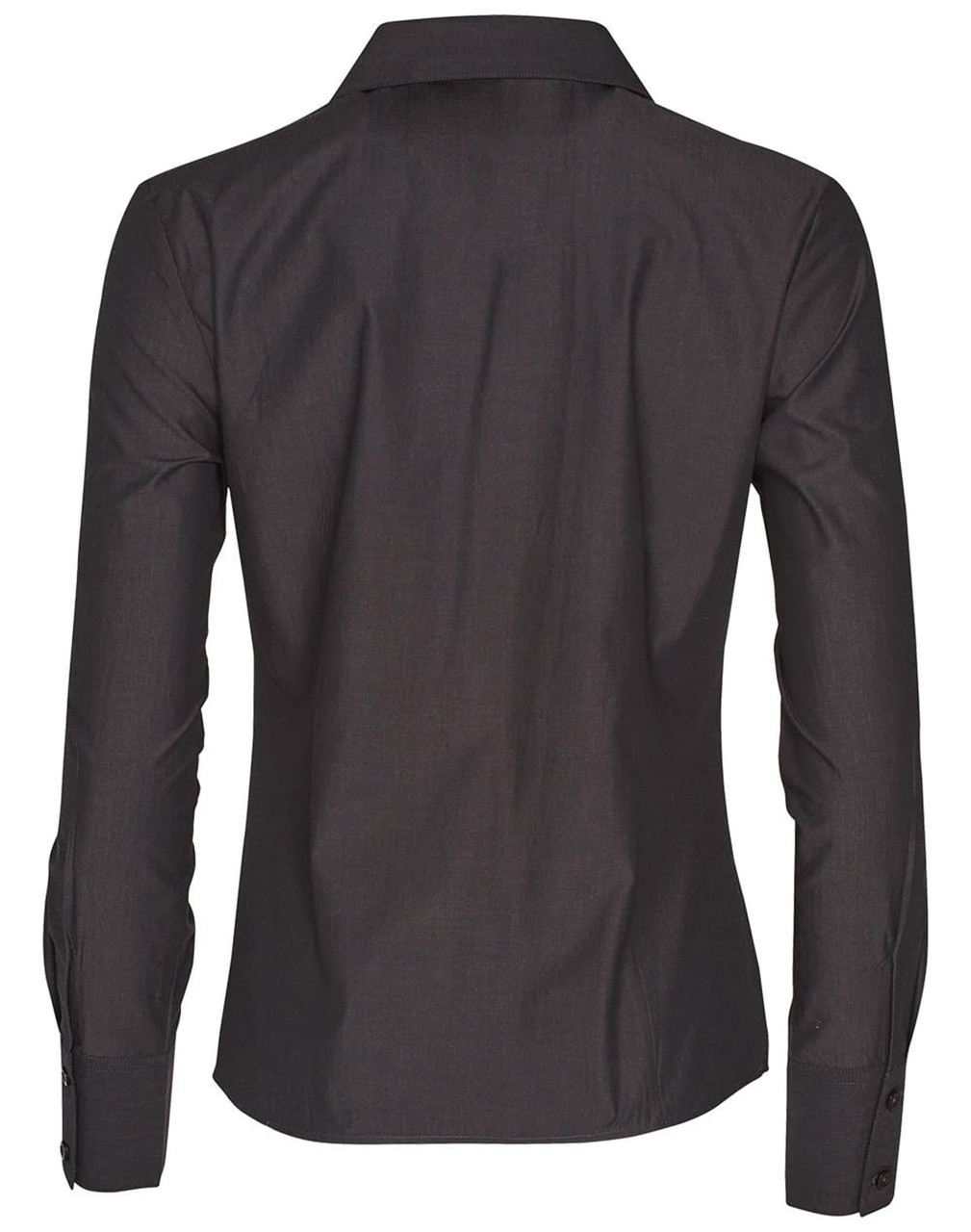 A dark grey women's button-up long sleeve shirt with a collar and buttoned cuffs, featuring a logo.