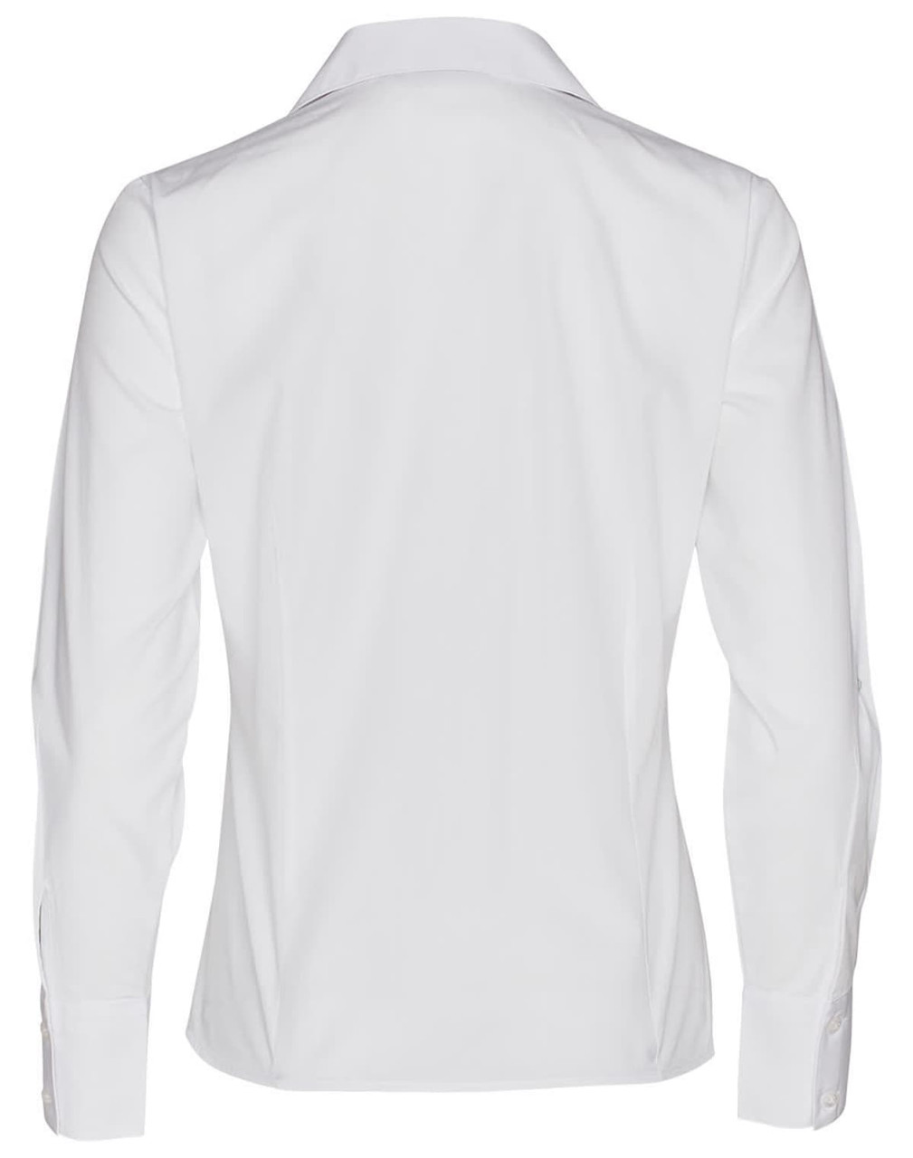 A white women's long sleeve button-up shirt featuring a classic collar and a logo on the back.