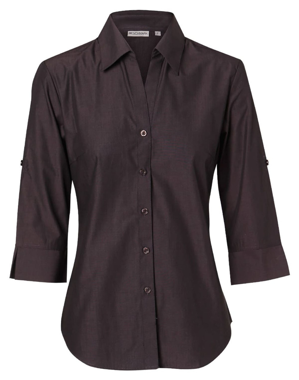 A dark brown women's button-up shirt with 3/4 sleeves, featuring a classic collar and a subtle logo.